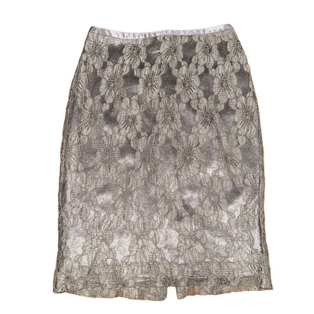 Y2K The Limited Silver Metallic Floral Lace Pencil‎ Skirt Cocktail Event